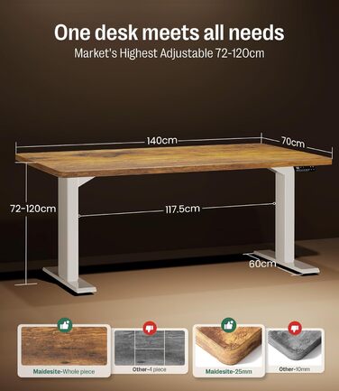 Регульований стіл MAIDeSITe S2 Pro (160x80 см) з електроприводом, 160 кг, захист від зіткнення, білий каркас + вінтажна коричнева стільниця