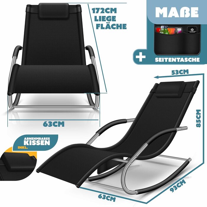 Крісло-шезлонг KESSER® для відпочинку на вулиці | Садове крісло-шезлонг | Крісло-гойдалка | Зручне крісло з підголовником | Чорний | Макс. 150 кг