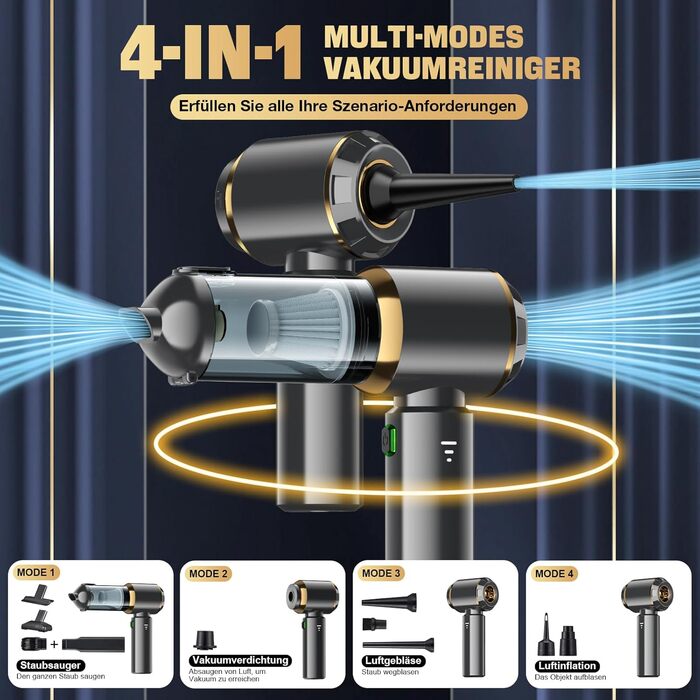 Акумуляторний ручний пилосос 4-в-1 для авто та дому, безщітковий двигун 28000Па, 3 режими потужності, міні-пилосос для офісу та кухні