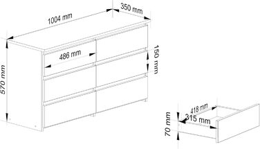 АКОРД комод CL-100, 6 шухляд, вітальня/спальня, міцний, 35x100x57см, графітовий сірий