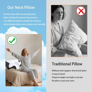 Ортопедична подушка для шиї Tbintul з Memory Foam, ергономічна подушка для сну, для тих, хто спить на боці, спині та животі, чорний/білий