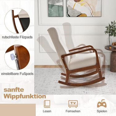 Крісло-гойдалка COSTWAY з пуфом, до 150 кг, бежеве - розслабляюче крісло для вітальні та спальні з дерев'яним каркасом