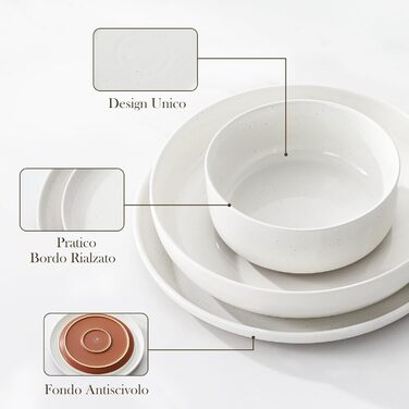 MALACASA Сервіз на 6 осіб (24 елементи) з реактивною глазур'ю, кераміка, серія TARA, білий з коричневим декором