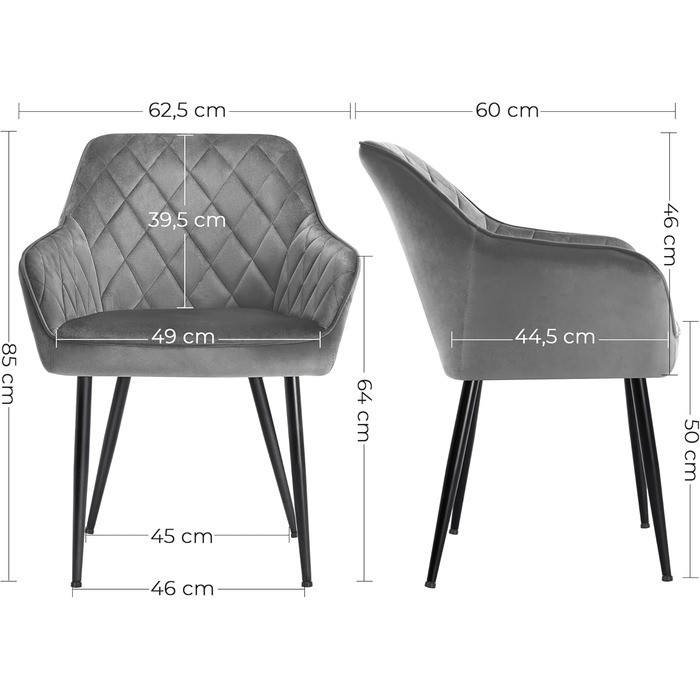 Крісла SONGMICS для їдальні, вітальні, кухні, спальні - 2 шт, з м'яким оксамитовим покриттям, металеві ніжки, до 110 кг, сірий світлий відтінок (LDC088G0)