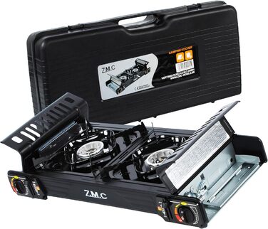Преміум газовий набір для кемпінгу ZMC з 2 конфорками, 2,5 кВт, Piezo-запалювання, валіза для транспортування. Ідеально для відпочинку на природі, балкону та дому. Включає гриль-плиту 45×24 см та 227г газові картриджі.