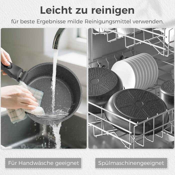 Набір каструль та сковорідок YASHE 9 шт. з антипригарним покриттям, білий (сірий), для всіх плит, знімний ручка, сумісний з духовкою, компактний, економія місця