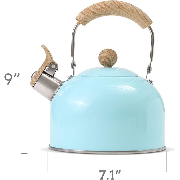 Індукційний чайник для води, Флейтовий чайник для всіх типів плит, похідний чайник з нержавіючої сталі з дерев'яною ручкою, Вінтажний чайник з прохолодною ручкою об'ємом 2,3 л (Синій)