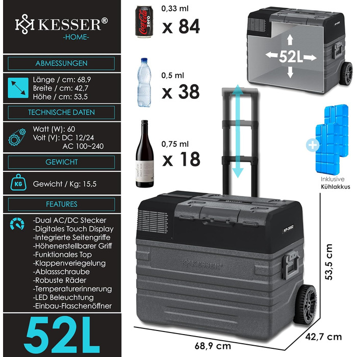Холодильник-морозильник KESSER® Kompressor 52 л, з керуванням через APP, USB, 12/24/230V, -20°C, для авто/човнів, з телескопічною стійкою та коліщатами