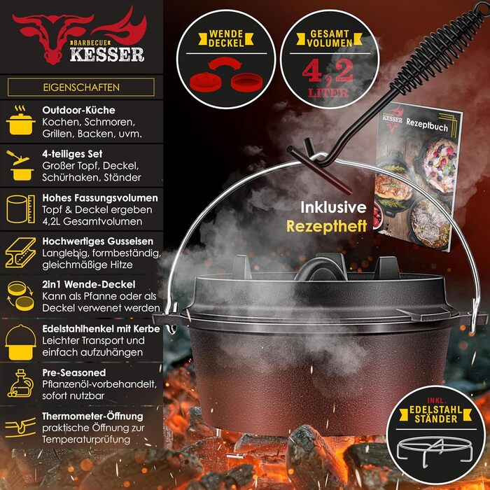 Набір голландських казанів KESSER® BBQ: голландський казан, посуд для приготування на грилі, котел для гуляшу, чавунний посуд з кришкою та термометром (4.2 л)