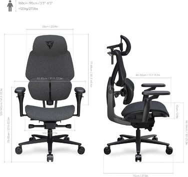 Ігровий крісло ThunderX3 Flex Pro Loft сірого кольору | Ергономічне офісне крісло з тканинною оббивкою, регулювання 19D, 5D підлокітники, механізм SYNC6, дихаюча тканина, для офісу та геймінгу