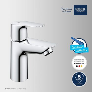 Змішувач для ванної кімнати GROHE StartEdge, економічний, з холодною водою в середній позиції (з поп-ап зливом, інструментом 3-в-1, легко встановлюється), 23900001 (хром, S-Size, з Push-Open зливним пристроєм)