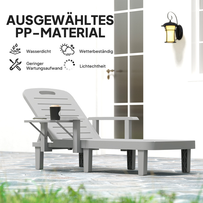 Шезлонг для саду з бічним столиком, імітація дерева, з 5-позиційним регулюванням спинки, світло-сірий