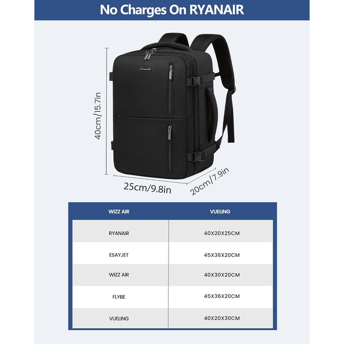 Рюкзак LOVEVOOK для ручної поклажі 40x30x20, дорожній рюкзак для жінок та чоловіків, 24л, для ноутбука 14 дюймів, з USB, для роботи та подорожей