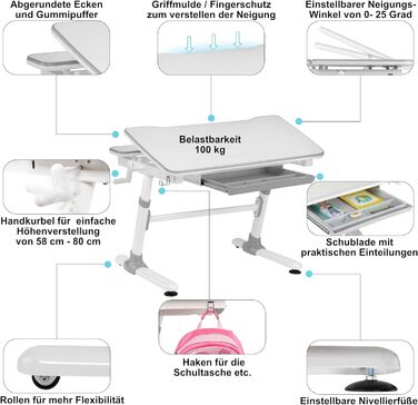 Дитячий письмовий стіл з регулюванням висоти вручну з регульованою стільницею, білого кольору. Ергономічні сидіння для дітей сірого кольору