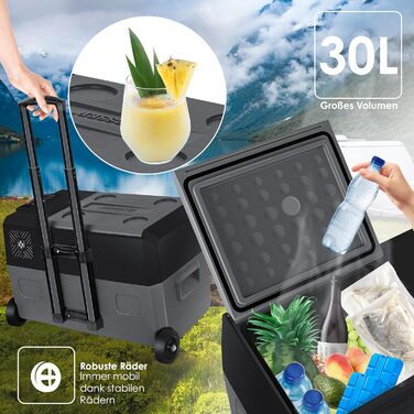 Електрична термохолодильник KESSER® Kompressor на 30 літрів (-20°C) з APP-керуванням, USB, 12/24/230V, телескопічною штангою, акумуляторами, колесами для авто, вантажівки, човна