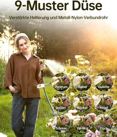 Шланговий барабан GLAHODEN з садовим шлангом 40 м + 2 м, стійкий до сонця та морозу, поворотний на 180°, настінна шланговий бокс з 9-функціональною розпилювальною насадкою