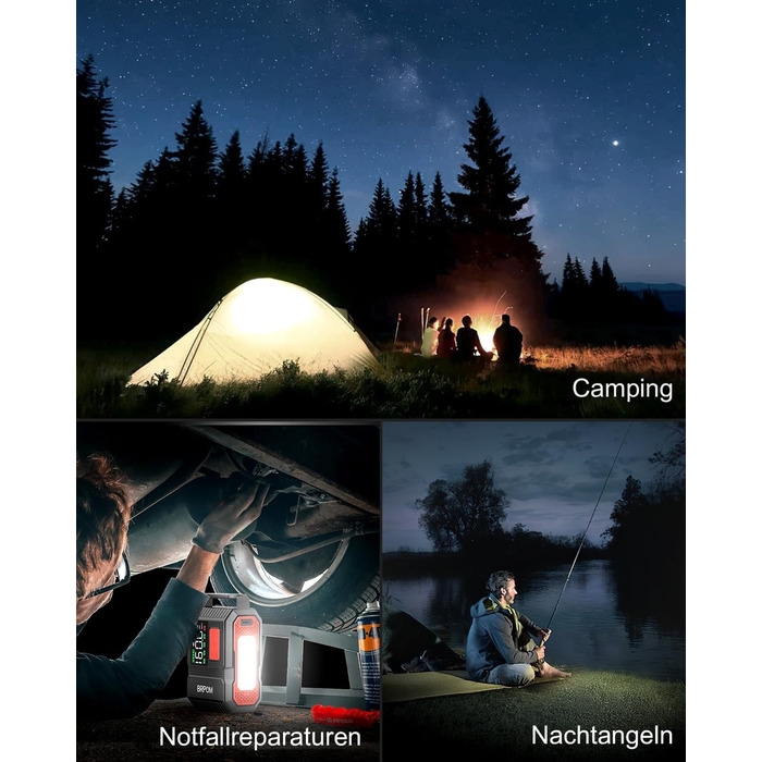 Портативний пусковий пристрій BRPOM з компресором та LED-ліхтарем, 26800mAh, 160PSI, сумісний з бензиновими та дизельними двигунами (до 12.0L)