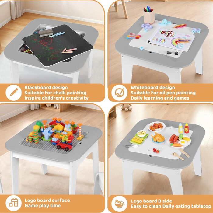 Дитячий стіл та стільці Clevich: комплект з місцем для зберігання, 2 стільці, двосторонній стіл для малювання та будівельна пластина, сірий