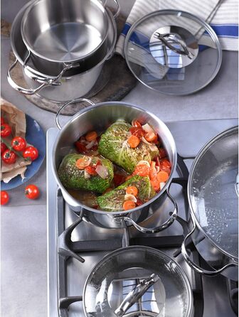 Набір каструль WMF Aparto 5-ти частинний з кришкою з термостійкого скла, Cromargan нержавіюча сталь, індукційне дно, підходить для всіх типів плит, без антипригарного покриття, безпечний для миття в посудомийній машині
