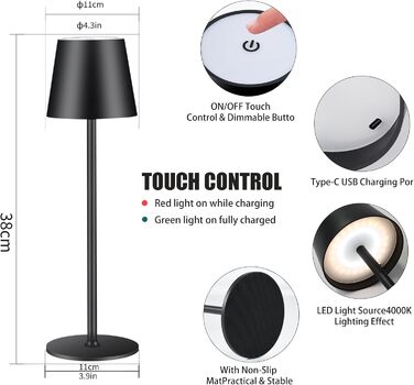 Бездротова LED-лампа настільна з регулюванням яскравості та 3 колірними температурами, сенсорне керування, зарядка через USB-C, для дому, кемпінгу, набір (чорний)