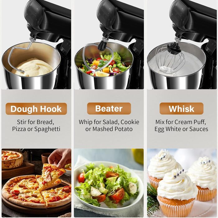 Кухонна машина з місткістю 2.5L та 3L, 10 швидкостей, 1500W, з міксером, шнеком для тіста та скребком, для дому та щоденного приготування (чорний)