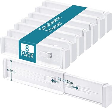 Організатори для ящиків MOFELON (8 шт.), регульовані роздільники для ящиків (33-58.5 см, 6.4 см H), система організації для шаф, комодів, кухні, спальні, ванної кімнати - білий