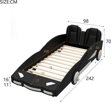 Дитяче ліжко-машина Merax Дитяче ліжко Модель автомобіля Ліжка, односпальне ліжко з рейковим каркасом і ящиком ліжка, ігрове ліжко для маленьких гонщиків хлопчиків і дівчаток, PU поверхня, до 250 кг, білий (90 x 200 см, чорний-1)