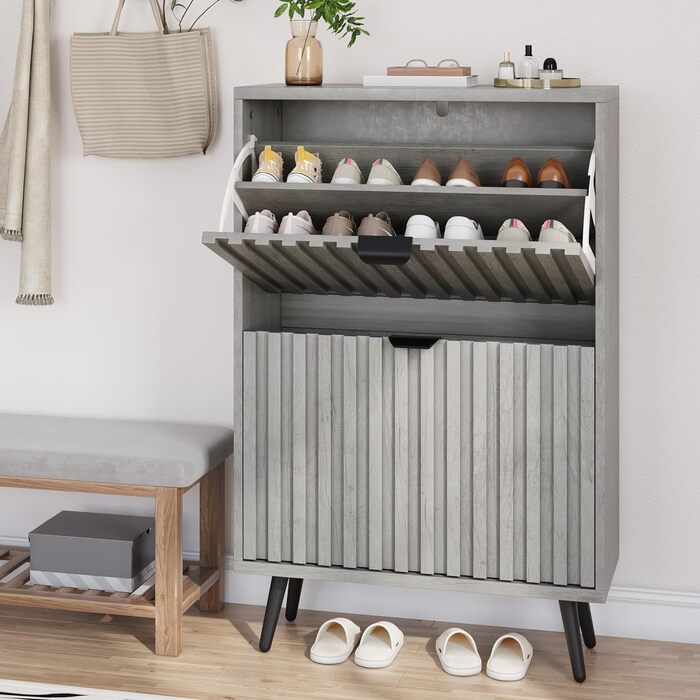 Шафа для взуття Smuxee з 2 відкидними полицями, 60 см, сіра. Вільна стоянка, органайзер для взуття для прихожої, вітальні або гардеробу.