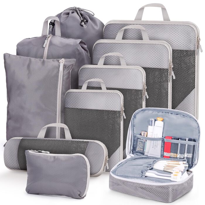 Набір органайзерів для валізи та рюкзака з компресією, 10 предметів, сірий — дорожні сумки для одягу та речей