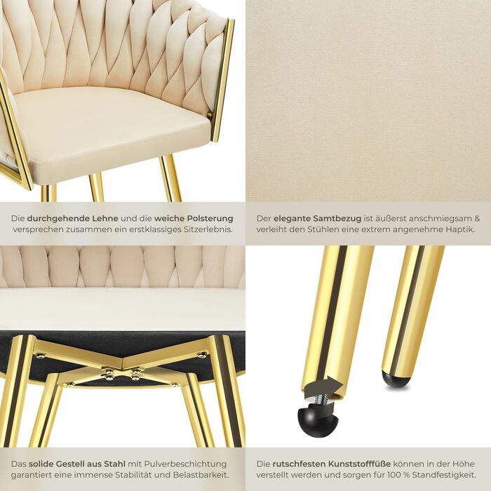 Тектейк® Оксамитовий стілець-чаша з підлокітниками, сучасний крісло-стілець для вітальні, їдальні, кухні, туалетного столика, комплект з 4 шт. Sand/Gold