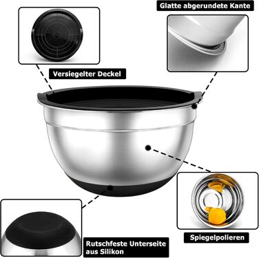 Набір місок TEAMFAR 7 шт., нержавіюча сталь, з кришками та силіконовим дном, 0,7L - 6,5L, чорний