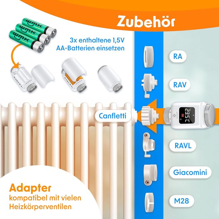 KESSER® WiFi термостат на радіатор опалення з керуванням через додаток Smart Home | Комплект 2 шт, білий. Сумісний з Alexa та Google Assistant. Економія енергії!