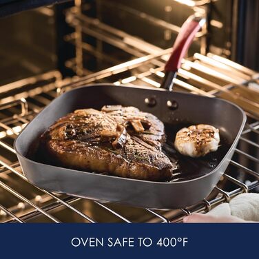 Сковорода-гриль Rachael Ray Cucina, квадратна, 28 см, з антипригарним покриттям, сіра з червоними ручками