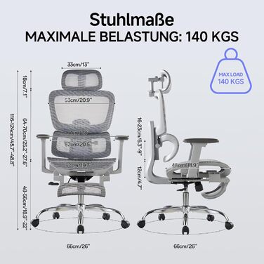 Ергономічне крісло для офісу з підніжкою та подушкою для шиї, 5-рівнева регульована спинка, 2D підтримка попереку, 3D підлокітники/підголівник, функція нахилу 145°, сітчасте сидіння, гумові колеса (Сірий, Lite)