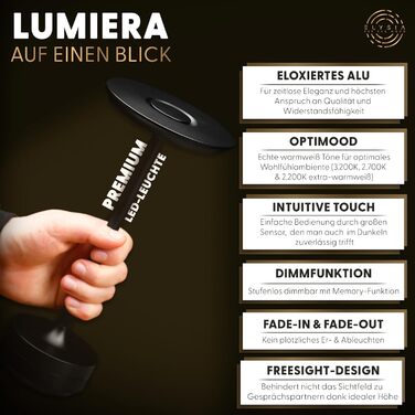 LED-лампа ELYSIA на акумуляторі, торшероподібна, диммування, бездротова, сенсорна панель, для внутрішнього та зовнішнього використання [IP54], тепле світло [2200K-2700K-3200K], USB-C, перезарядна, алюміній, чорна