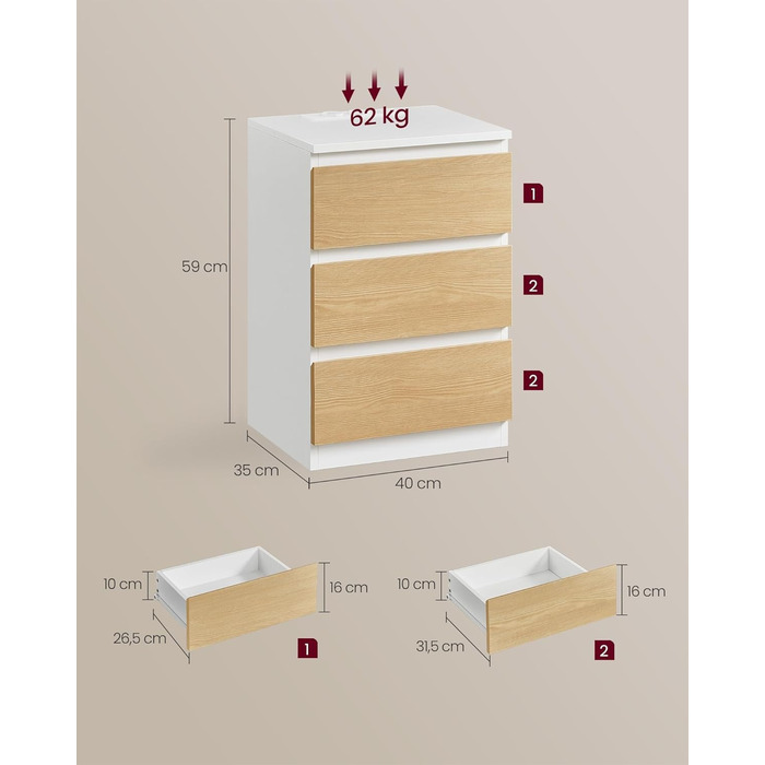 Приліжкова тумбочка VASAGLE Kailyn з розетками та USB-портами, 3 висувні ящики, сучасний дизайн, сіро-коричневий колір, LET831G01