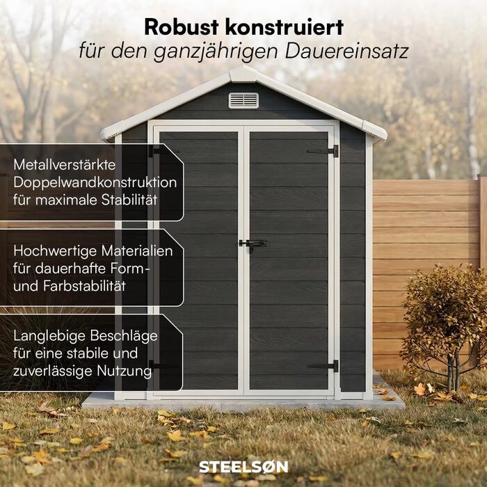 Сарай садовий STEELSØN Novara 192x92x151 см - пластиковий, з вікном, під дерево, темно-сірий, дах двосхилий