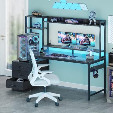 Ігровий стіл Coleshome з полицею та шухлядами, 137×48 см. Стіл для ігор з LED-підсвічуванням, розеткою, полицями та підставкою для монітора. Вуглецеве волокно, чорний колір