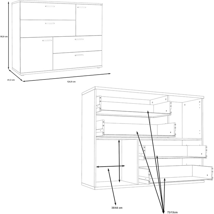 Комод FORTE Skive, 2 дверцята, 4 шухляди, дуб пісок/білий, 124,9x41,3x95,9 см