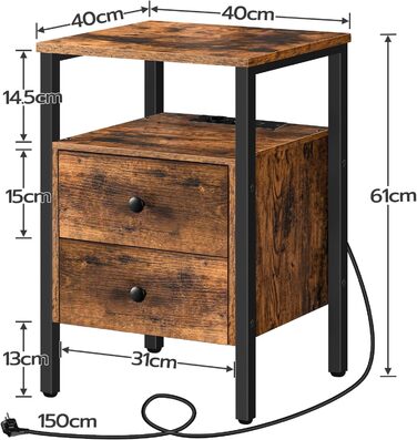 Тумбочка HOOBRO із зарядною станцією, 2 ящики, порти USB, 40x40x6 см, вінтажний темно-коричневий/чорний