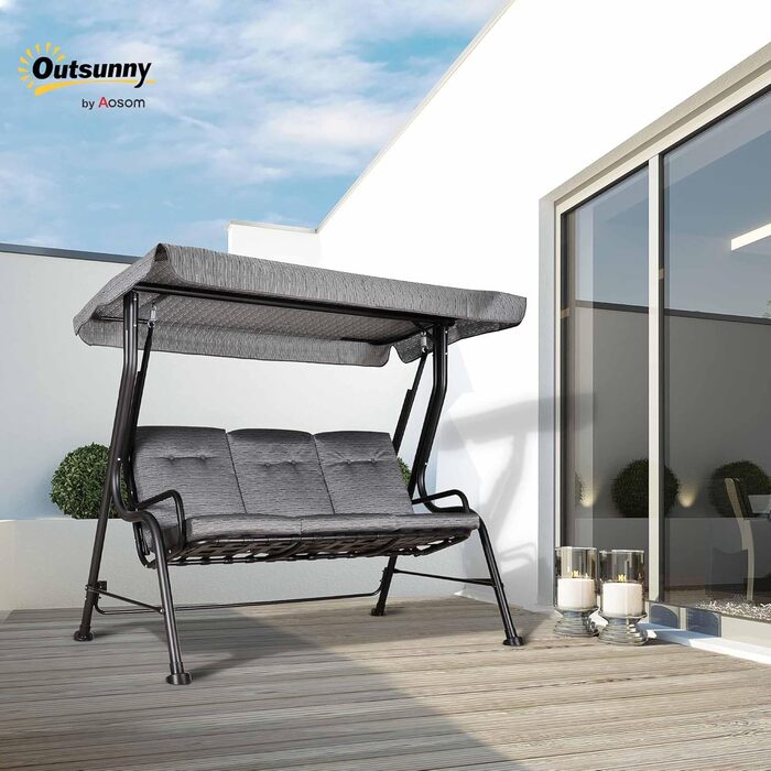 Гойдалка садова Outsunny на 3 місця з регульованим тентом, текстилен, сіра, 200x120x170 см