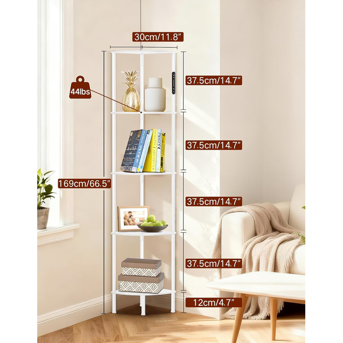 LED торшер з полицею, 3 режими світла, димування (сенсор/пульт), кутова полиця 5-рівнів, вузький книжковий стелаж для вітальні, спальні, офісу (білий)