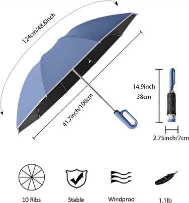Парасолька для гольфу перевернута зворотна 10 ребер, автоматична, захист від ультрафіолету, світловідбивачі, синій, 106см