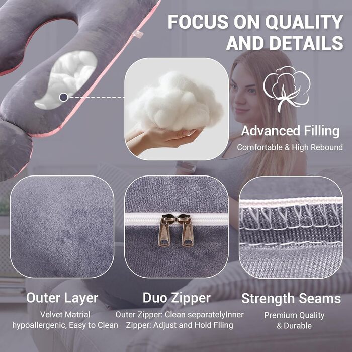 Подушка для вагітних BBWELL U-подібної форми, 80x120x180 см, сіро-рожева