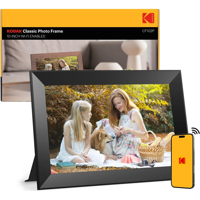 Цифровий фоторамка Kodak 10.1 дюймів з Wi-Fi, HD IPS-сенсорний екран, 32 ГБ пам'яті, автоматичне обертання зображень, можливість ділитися фото та відео через додаток, чорний