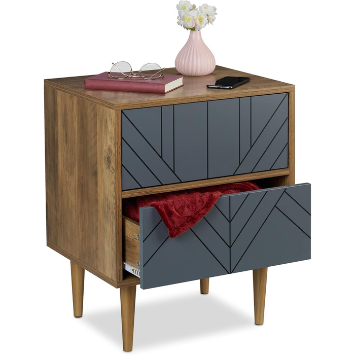 Комод Relaxdays з 2 шухлядами, сучасний, для вітальні та спальні, 59,5x48x39,5 см, коричневий/сірий, тумба-сайдборд