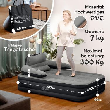 Надувне ліжко 3-в-1 | Гостьове та кемпінгове ліжко | Надувна матрац з електропомпою 150x200 | Самостійно надувна ліжко (1 особа, Чорний/Антрацит)