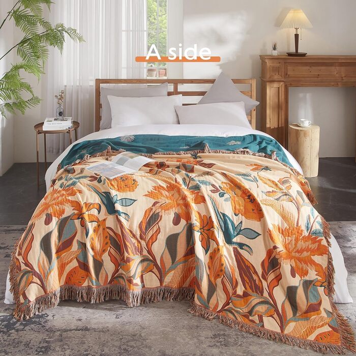 Богемна ковдра Softexly Boho Decke: 100% бавовна, двостороння муслінова ковдра 150x200 см, м'яка ковдра для дивану та ліжка, естетичний дизайн, ідеально для вітальні та спальні, помаранчево-зелена (130 x 150 см)