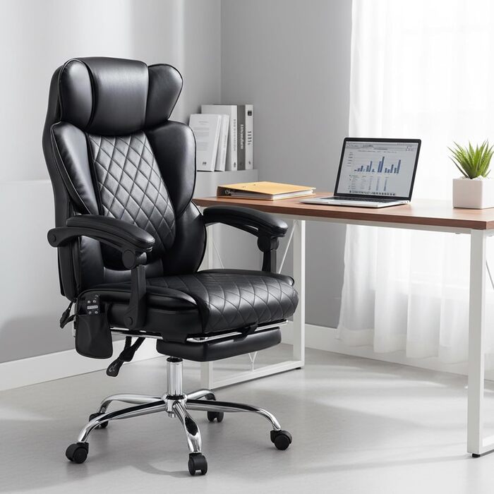 Крісло офісне з масажем та підігрівом, ергономічне, з підніжкою, поворотне на 360°, регульована спинка (94-125°), чорне