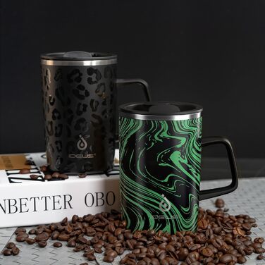 Кружка для кави та чаю Ideus® 470 мл (16 oz) з подвійними стінками, з нержавіючої сталі, з нековзним ручним тримачем та кришкою-відкидним модулем, великий об'єм (Червоний Зебра) (Зелений Зебра)